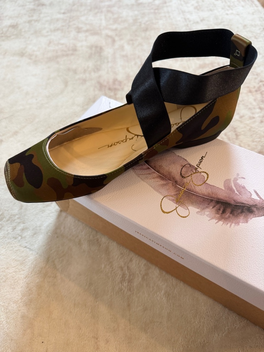 Jessica Simpson Camo Ballet Flat with Black Cross Ankle Strap